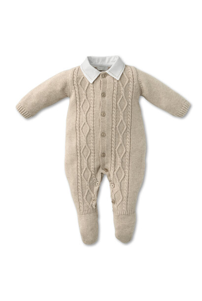 gebreid babypakje katoen met kraag - beige