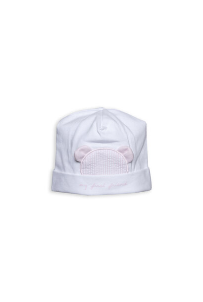 babymutsje met beer - wit/roze