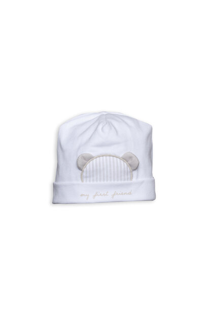 babymutsje met beer - wit/beige