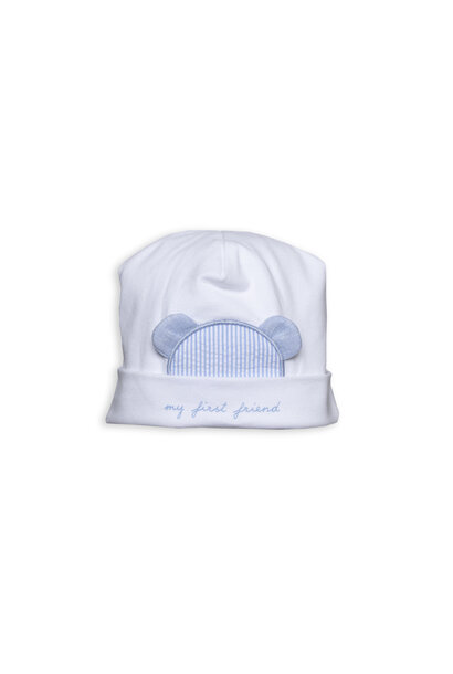 babymutsje met beer - wit/blauw