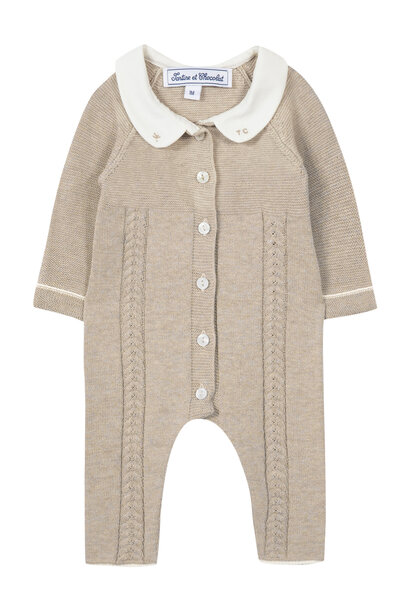 gebreid babypakje katoen met kraagje - beige