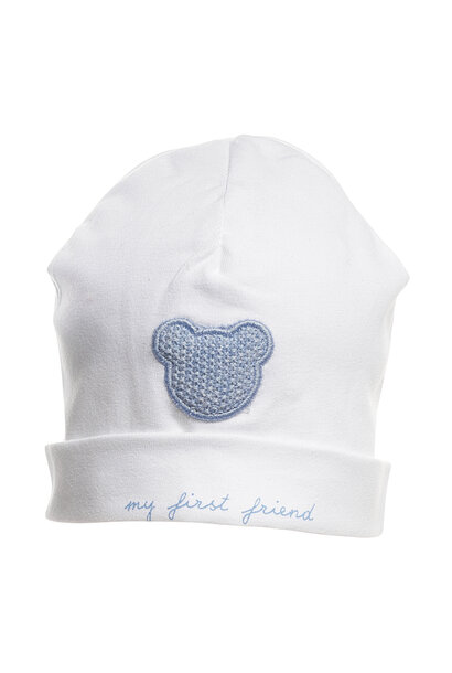 babymutsje met teddy - wit/blauw
