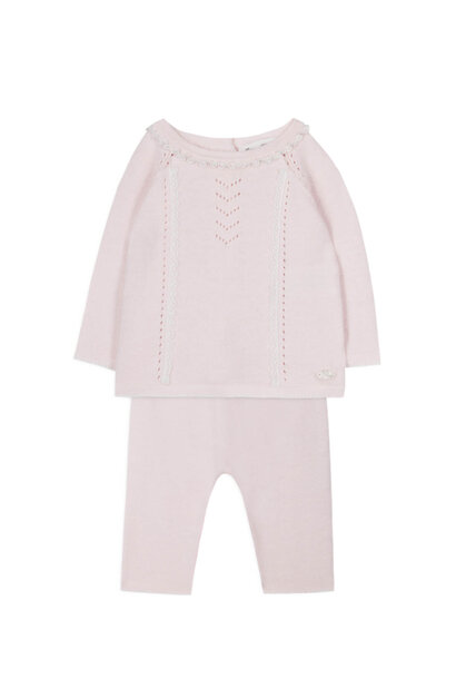 babysetje gebreid met biesje kant - roze