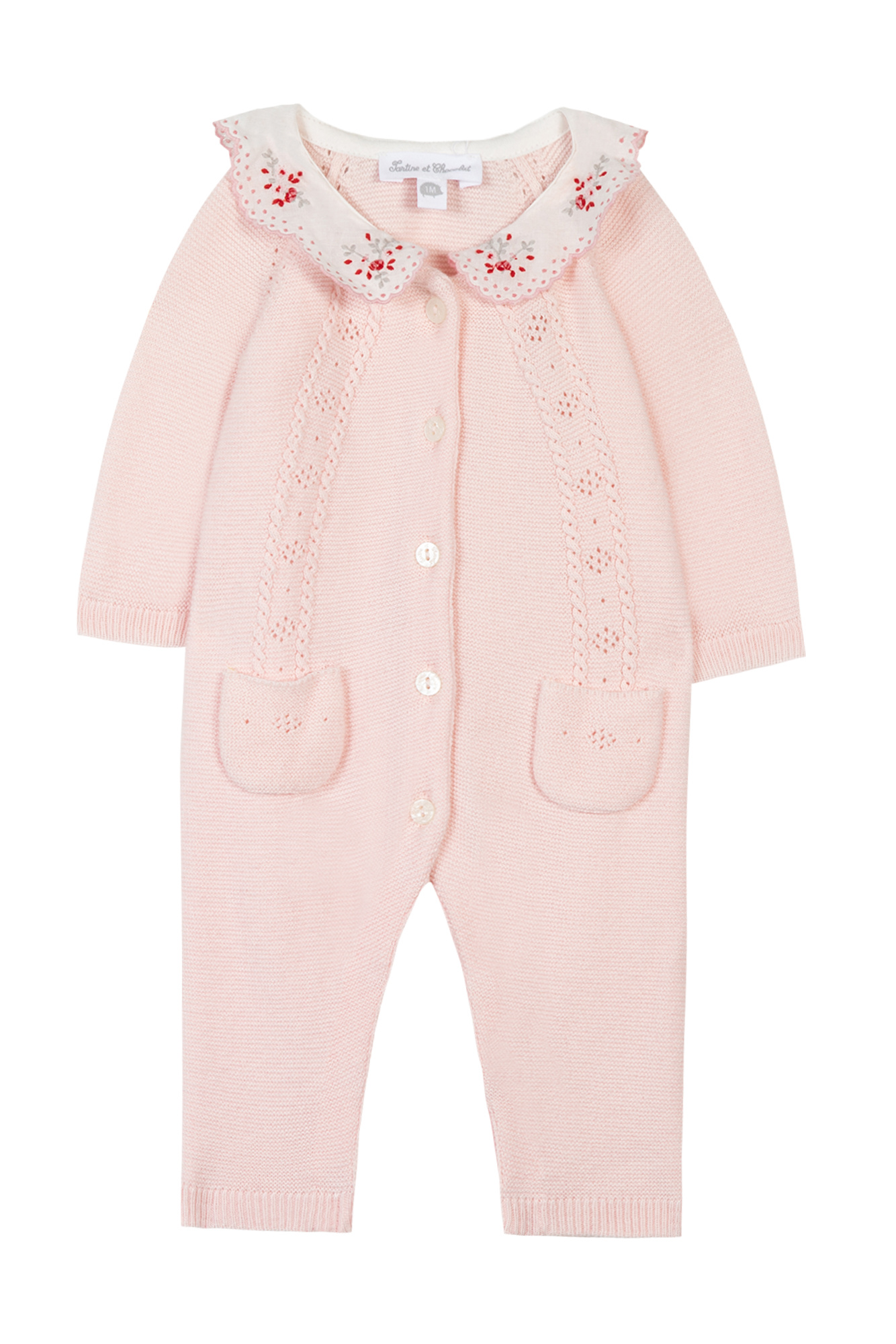 gebreid babypakje katoen met borduur - roze-1
