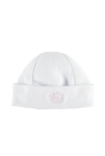 babymutsje jersey gewafeld geborduurd - wit/roze