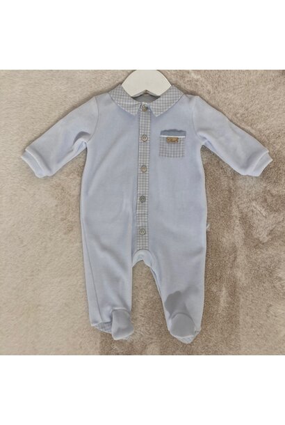 babypakje velours geblokt biesje - lichtblauw