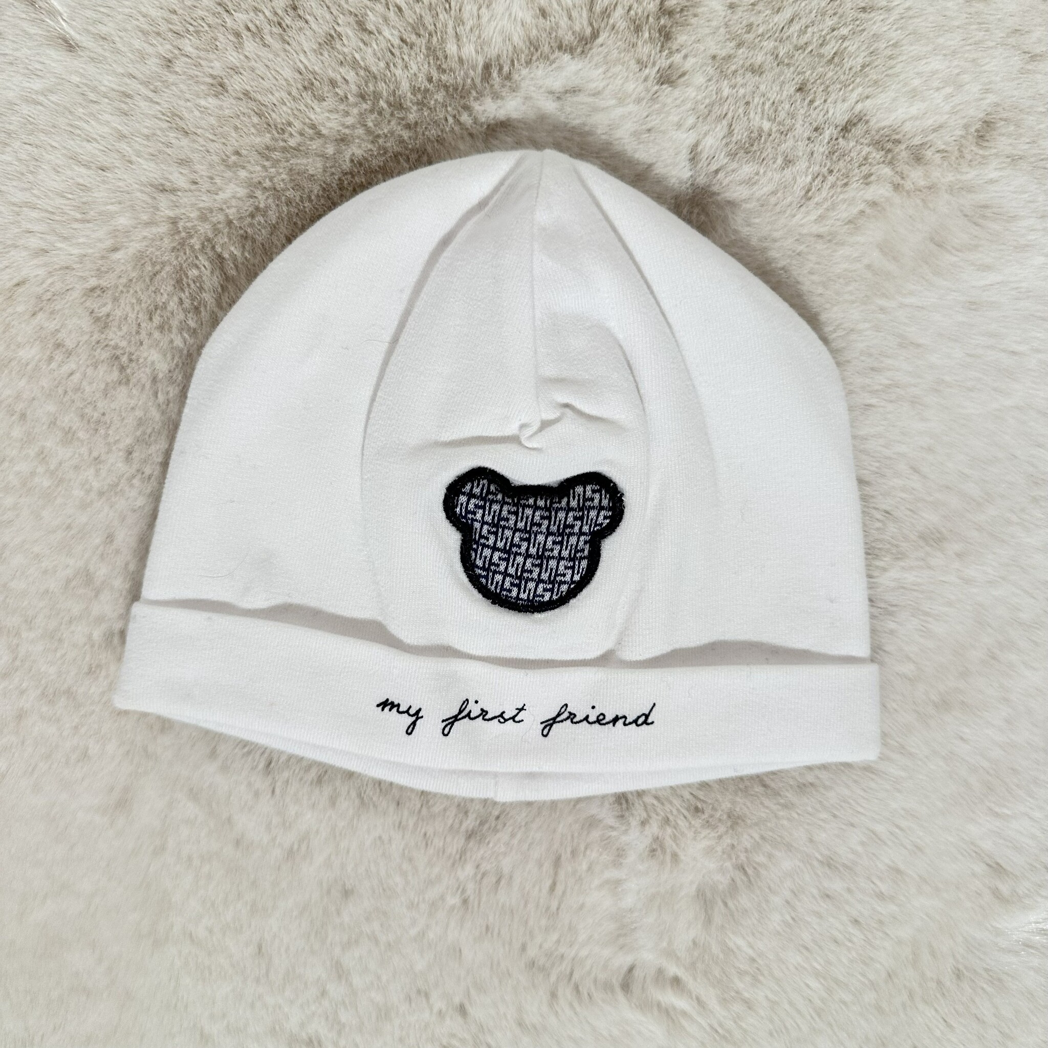 babymutsje katoen met beertje - Wit/Blauw-1