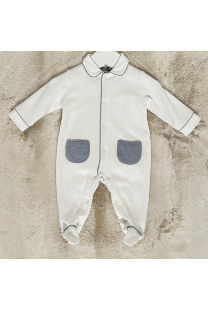 babypakje katoen met kraagje - wit/blauw