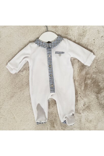 babypakje velours met ruiten biesje - Wit/Blauw