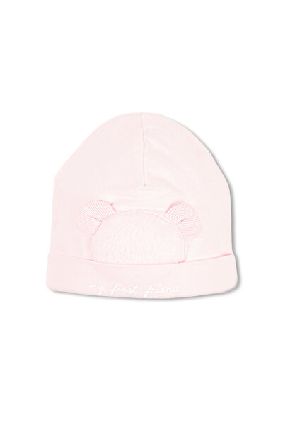 babymutsje met beer roze