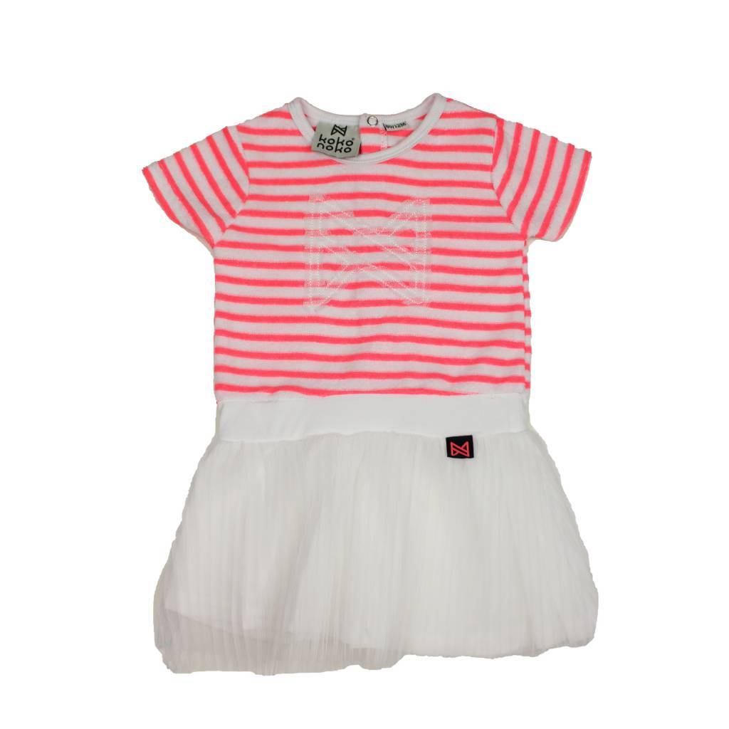 Koko Noko Koko Noko jurk neon peach stripes + white