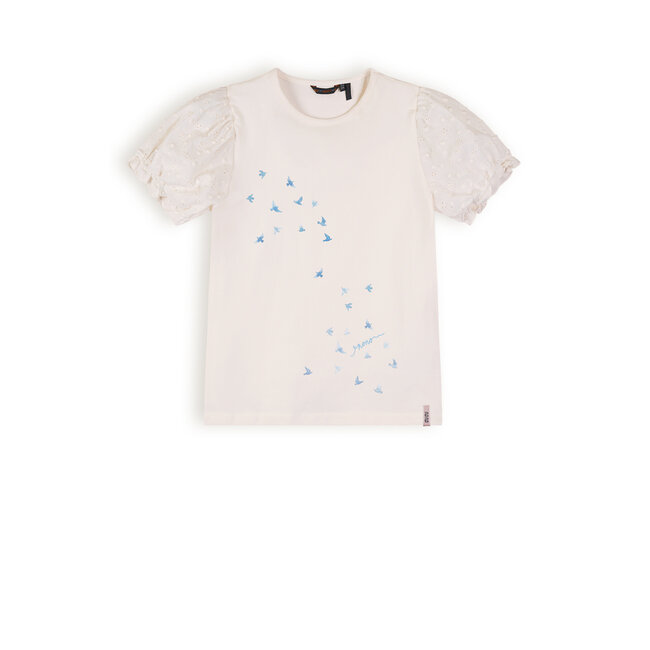 NoNo Kantal T-shirt wIth Woven Puff Sleeves Pearled Ivory