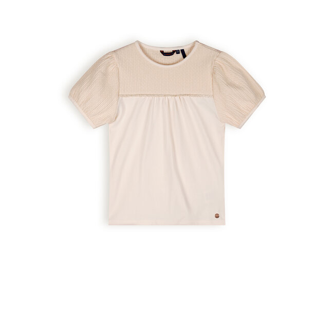 NoNo Karen T-shirt Mixed Fabris Puffed Short Sleeves Pearled Ivory