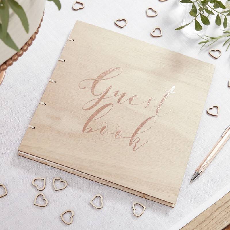 Gastenboek hout met rose gouden letters 32 pagina's