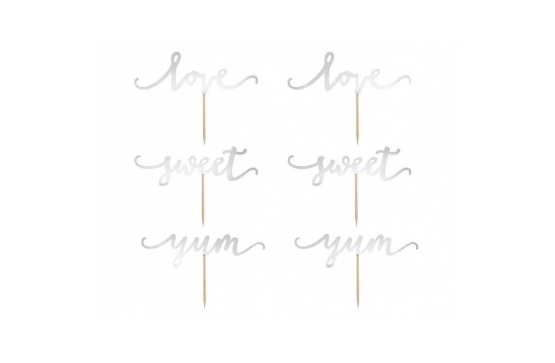 Zilveren cupcake toppers - Love, Sweet, Yum
