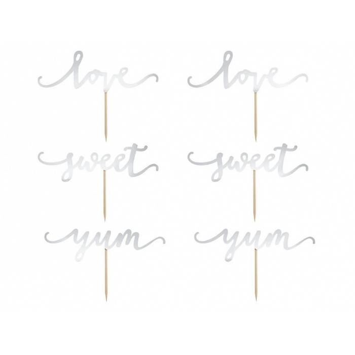 Zilveren cupcake toppers - Love, Sweet, Yum