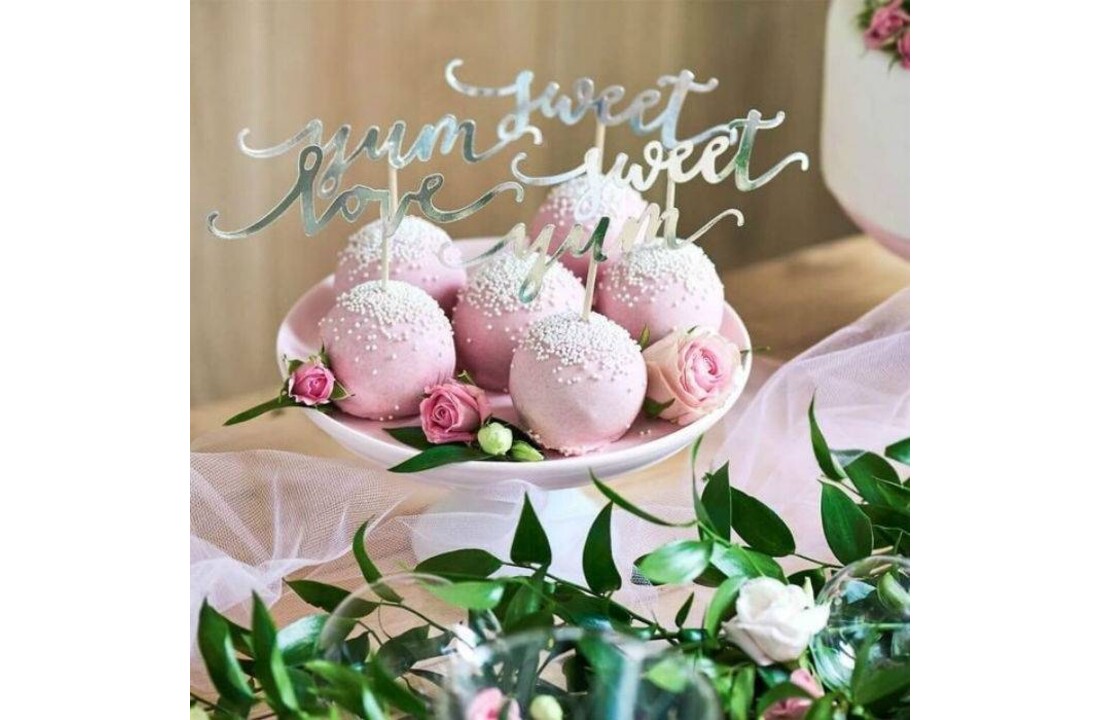Zilveren cupcake toppers - Love, Sweet, Yum
