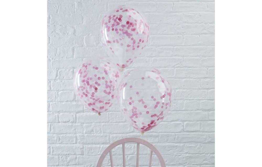 5 confettiballonnen met roze papieren confetti