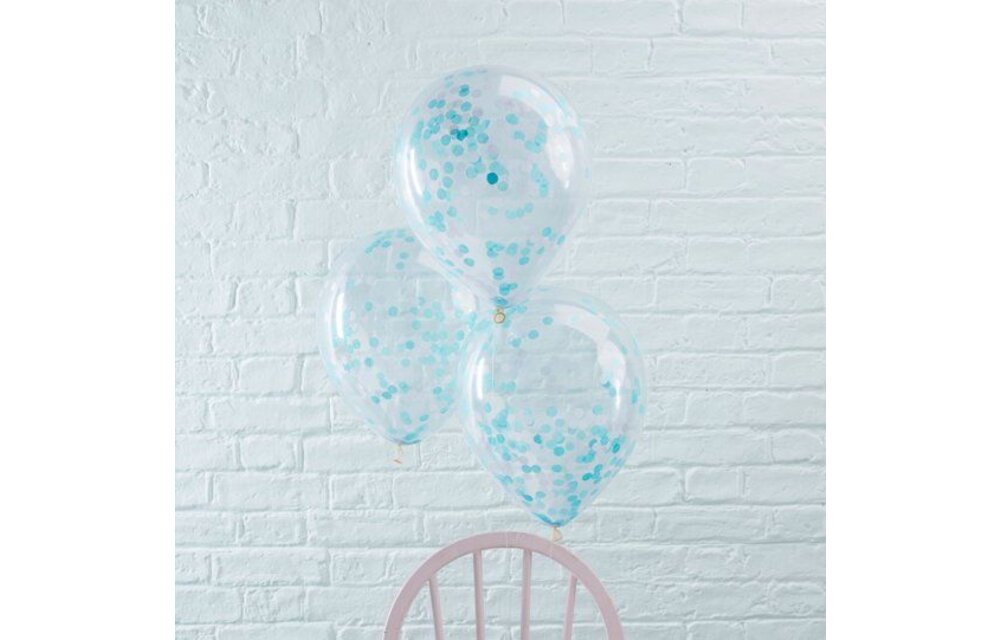 5 ballonnen met blauwe confetti