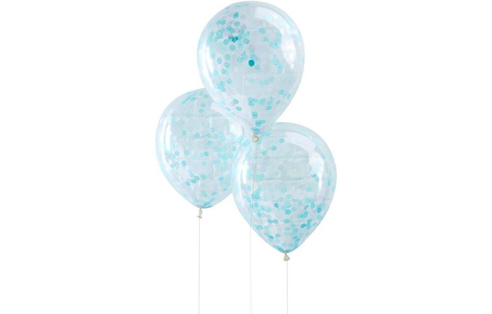 5 ballonnen met blauwe confetti