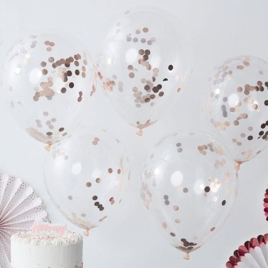 5 ballonnen met rose golden confetti