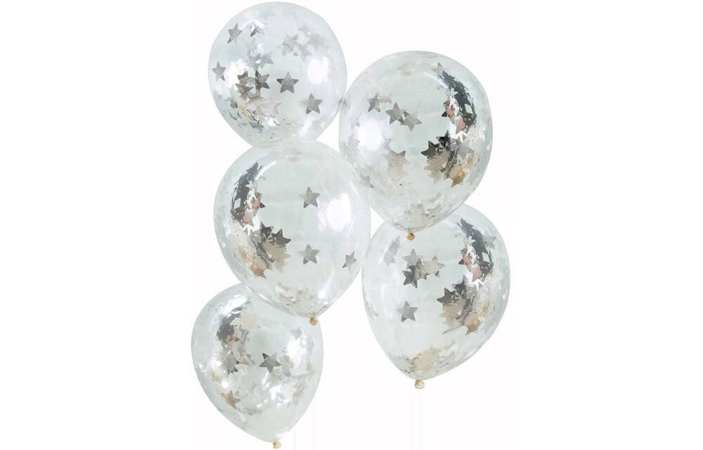 5 confettiballonnen ster zilver