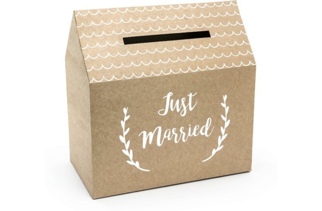Bruiloft enveloppendoos kraft huisje met witte tekst Just Marries