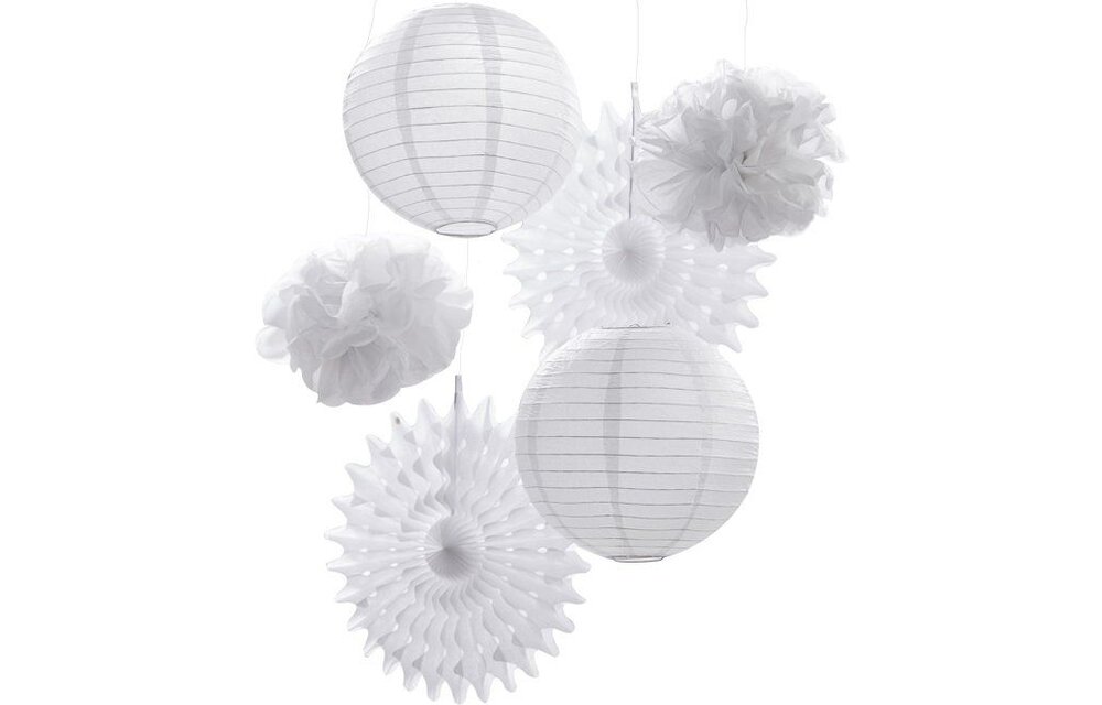 Witte decoratieset met lampionnen, waaiers en pompoms