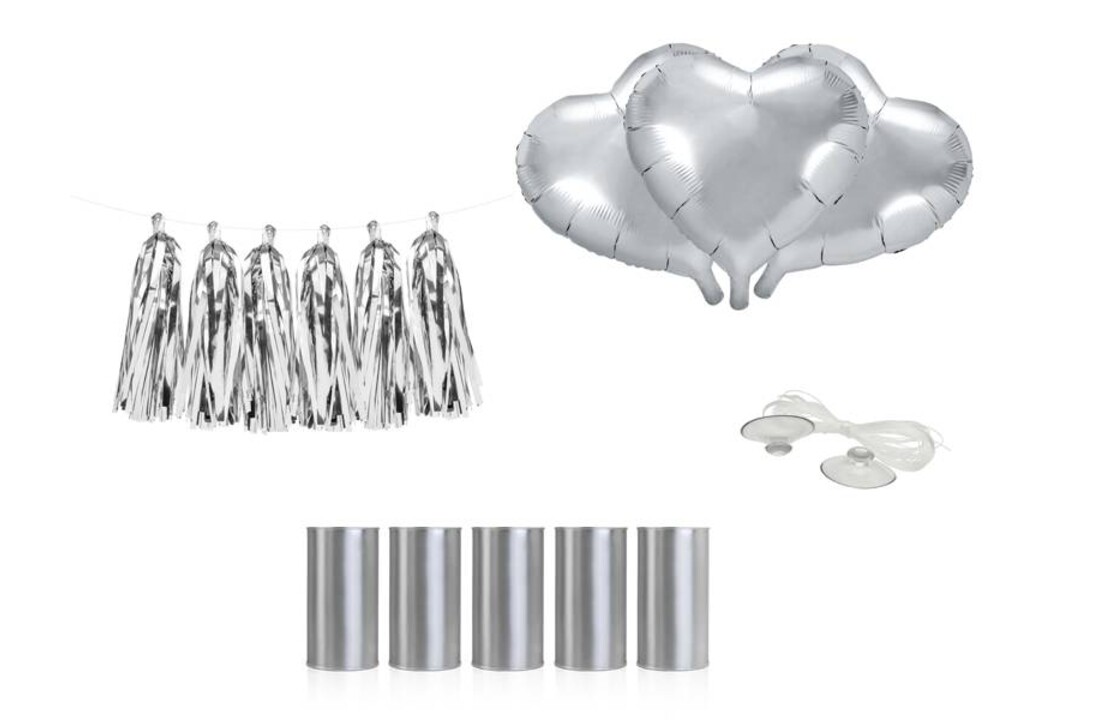 Trouwauto decoratiepakket - Zilver - met blikjes