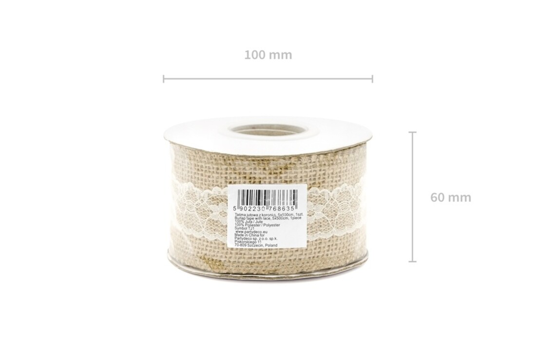 Kanten Jute lint met kant midden 5cm breed - 5 meter lang