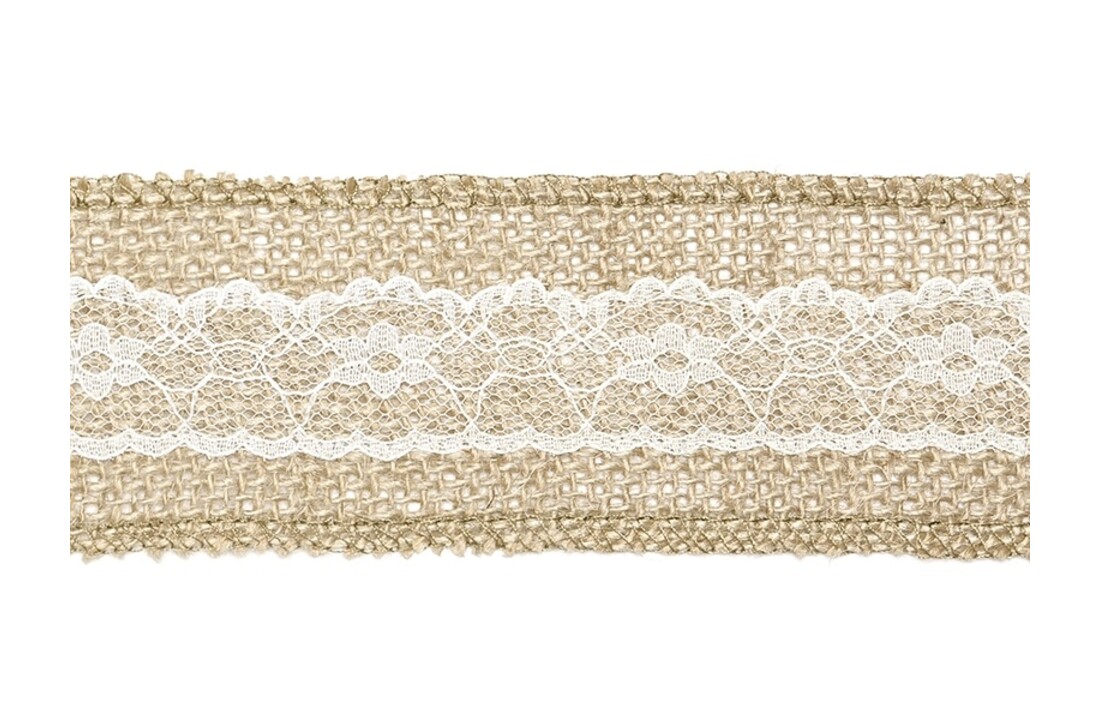 Kanten Jute lint met kant midden 5cm breed - 5 meter lang