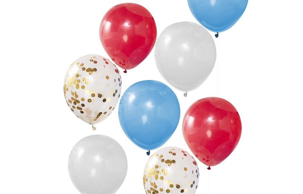 Bevrijdingsdag ballonnen - Rood - Wit - Blauw - Confetti goud 8 stuks