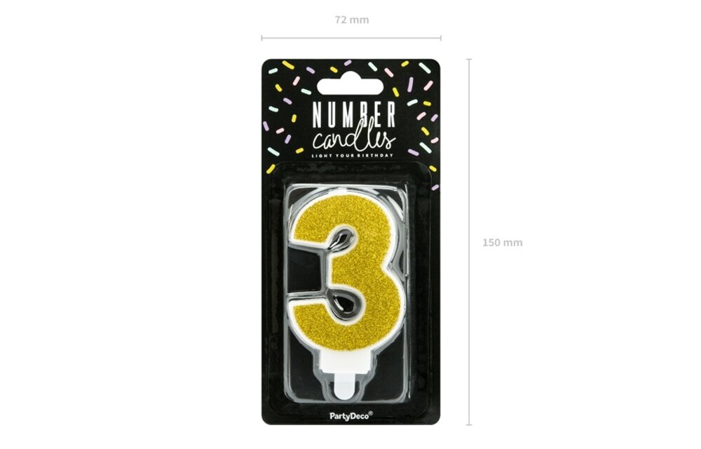 Verjaardagskaars cijfer 3 | Gouden glitters