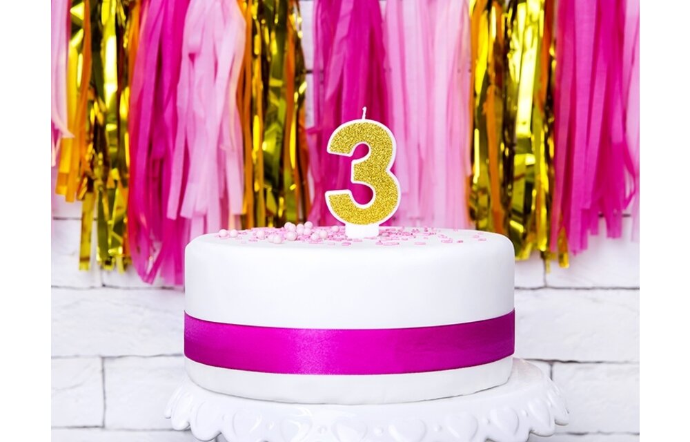 Verjaardagskaars cijfer 3 | Gouden glitters