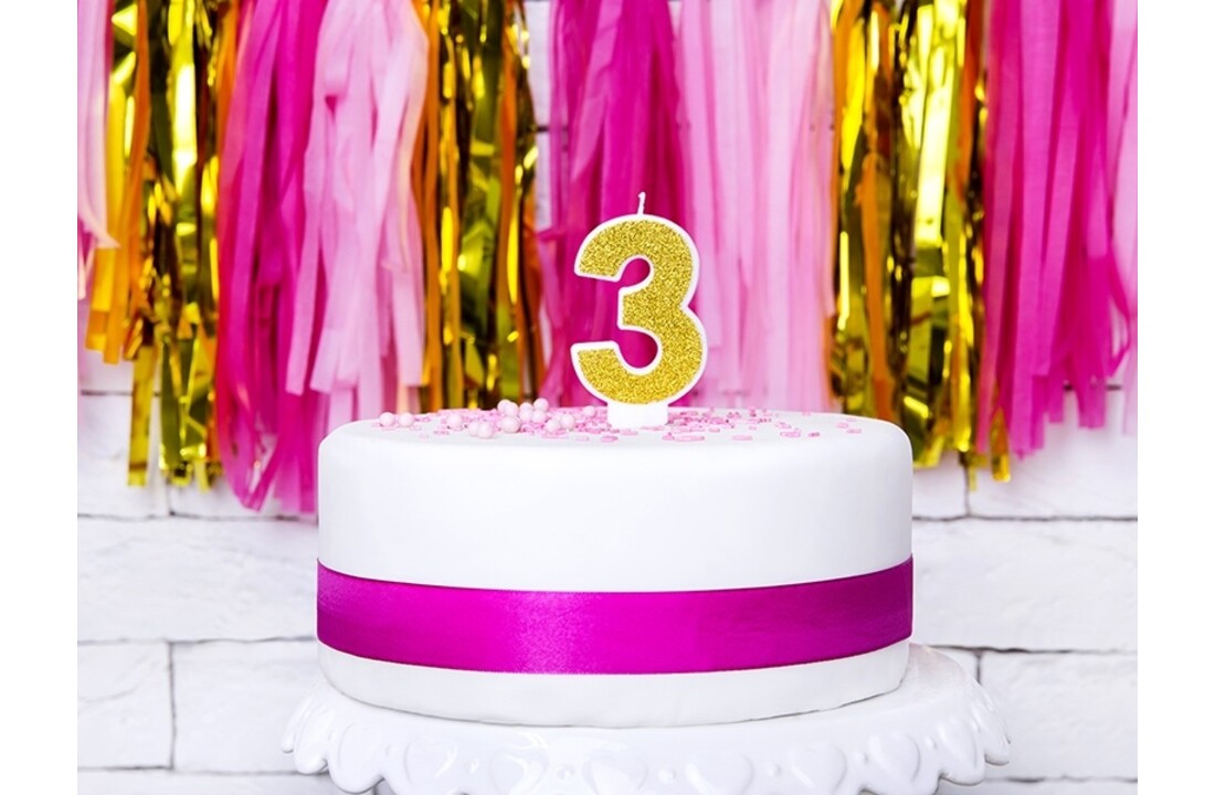 Verjaardagskaars cijfer 3 | Gouden glitters