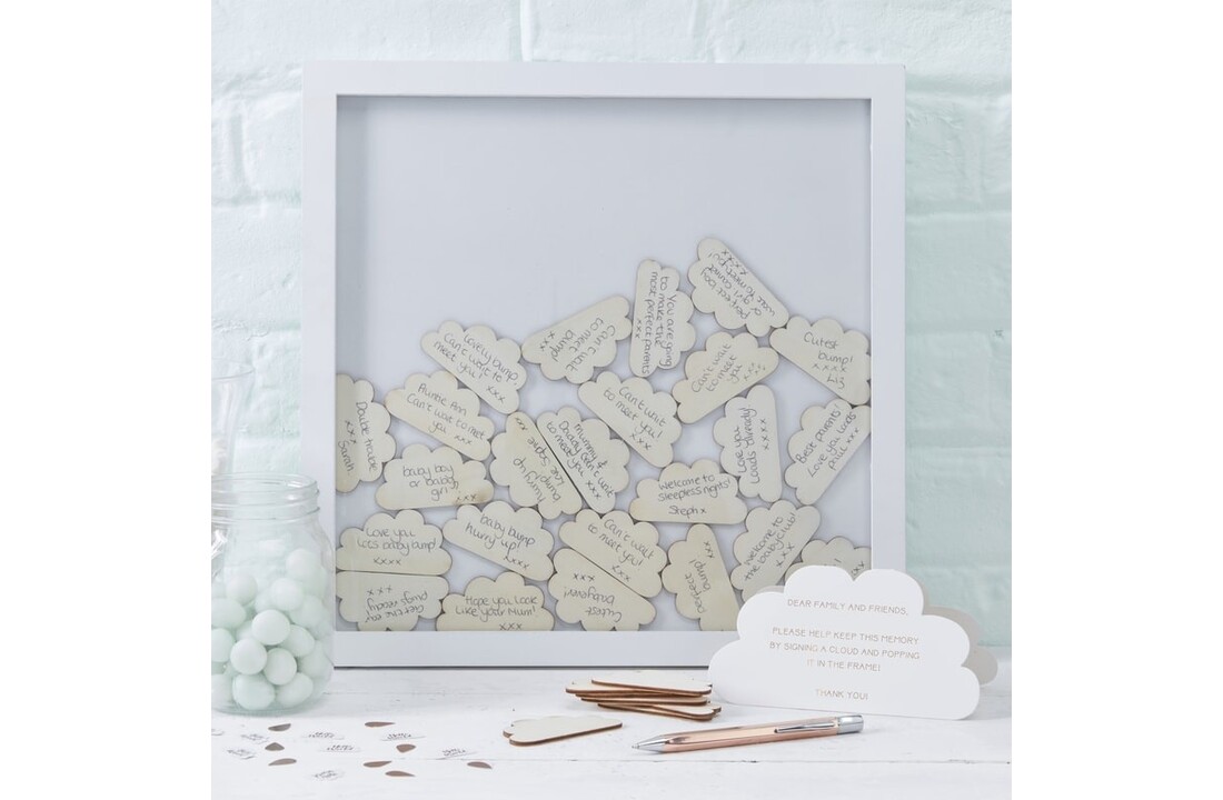 Gastenboek fotolijst met houten wolkjes | Babyshower | Geboorte | Communie
