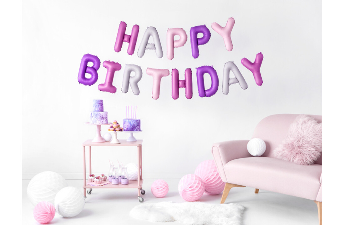 Happy Birthday folieballonnen - pastel roze/paars
