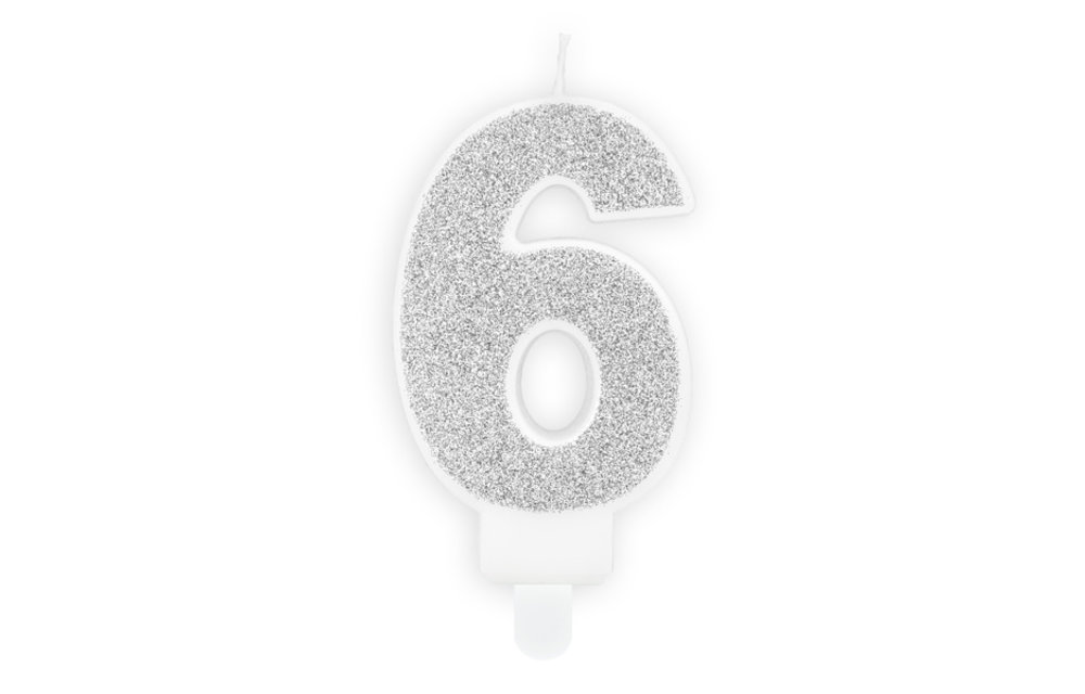 Verjaardagskaars cijfer 6 | Zilveren glitters
