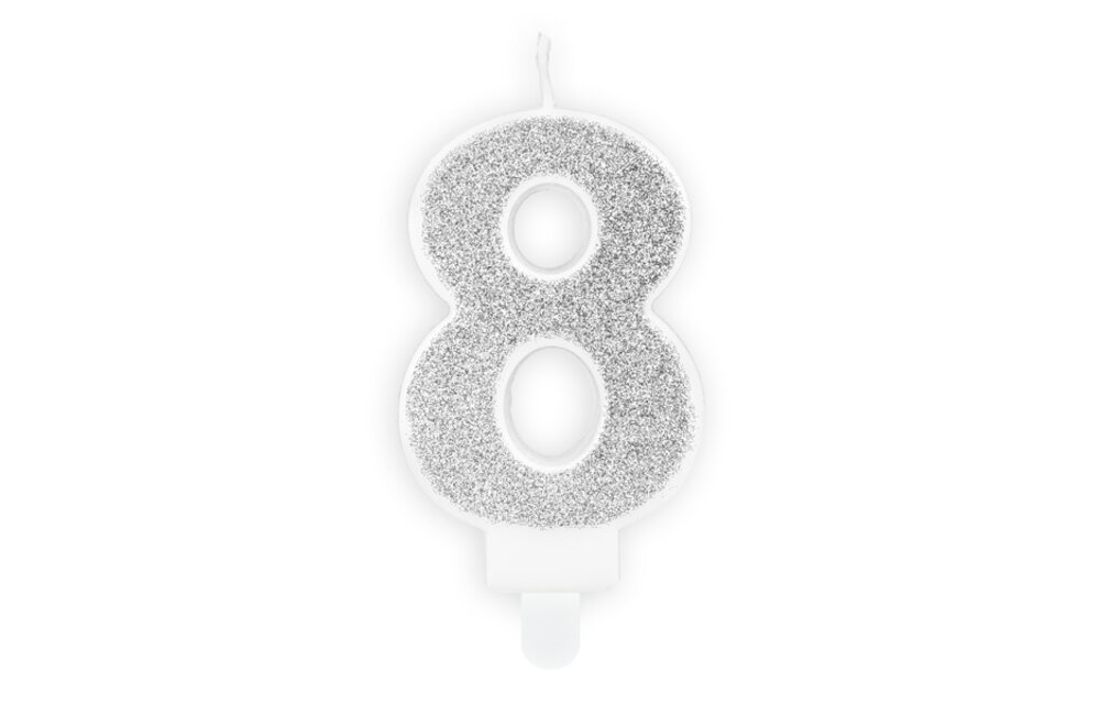 Verjaardagskaars cijfer 8 | Zilveren glitters