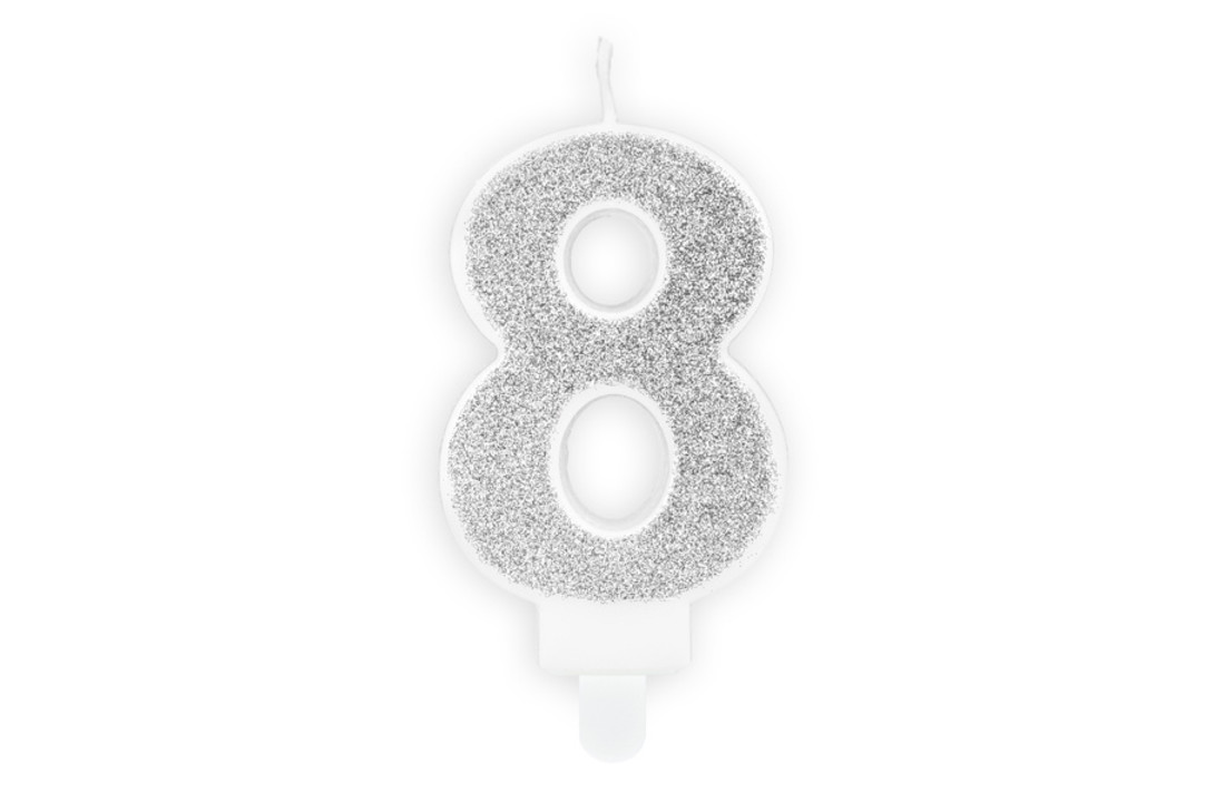 Verjaardagskaars cijfer 8 | Zilveren glitters