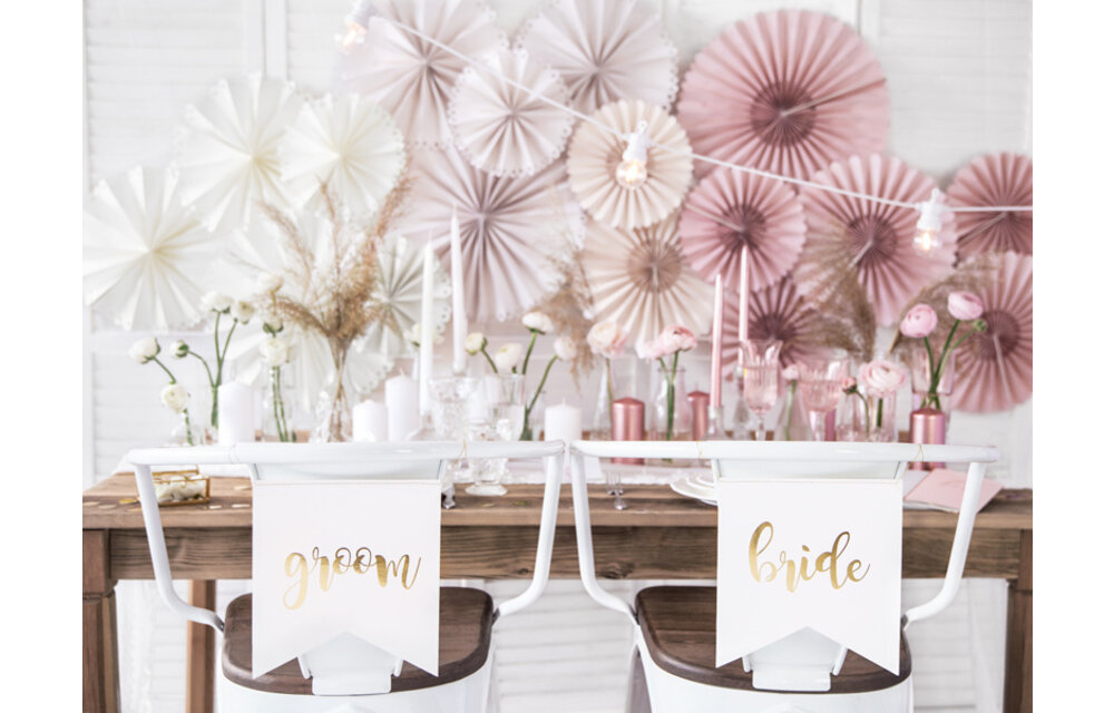 Stoeldecoratie Bride - Groom wit goud | 2 stuks