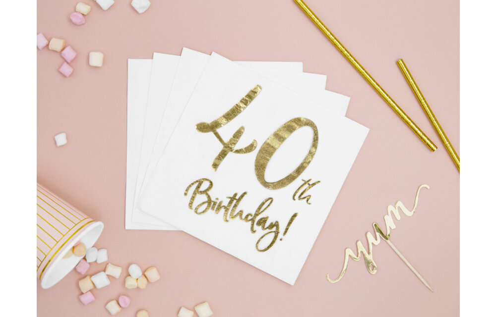 Servetten 40th birthday | wit-goud | 20 stuks