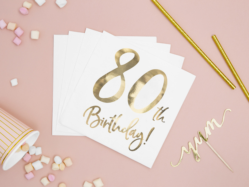 Servetten 80th birthday | wit-goud | 20 stuks
