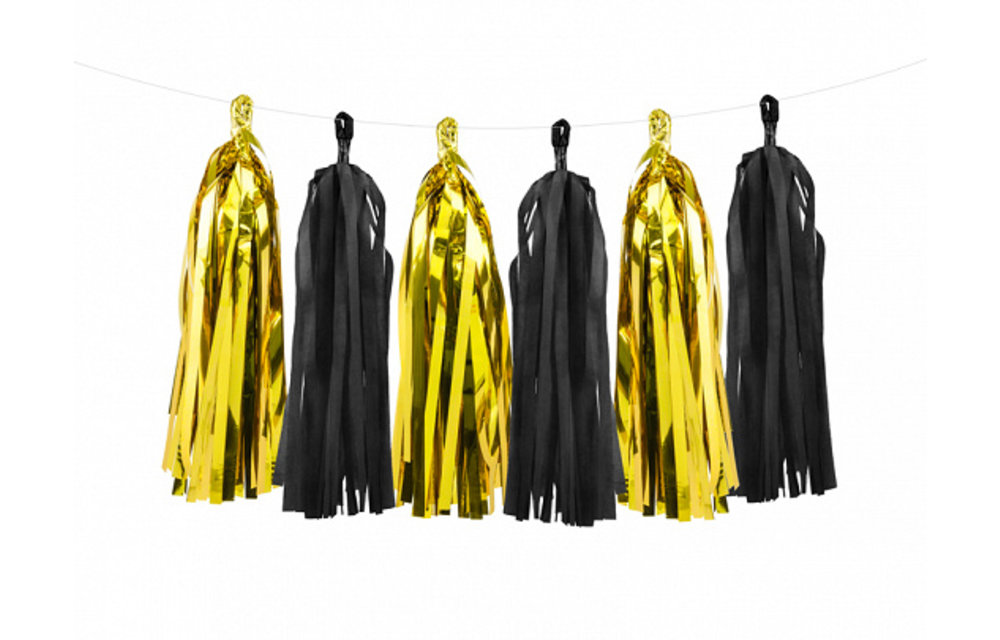 Tassel slinger zwart - goud | 1,5 meter | 12 tassels | DIY