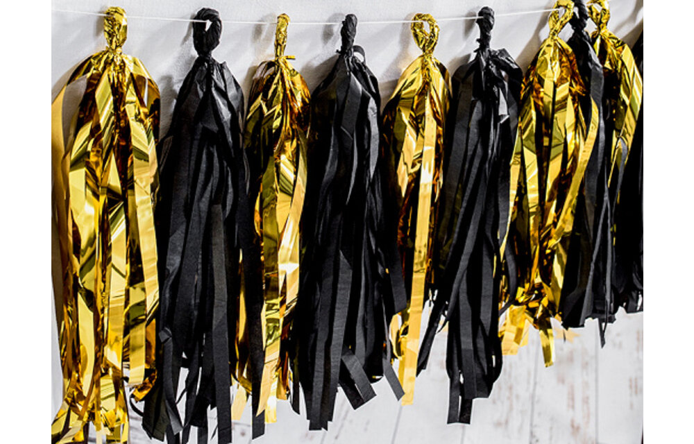 Tassel slinger zwart - goud | 1,5 meter | 12 tassels | DIY