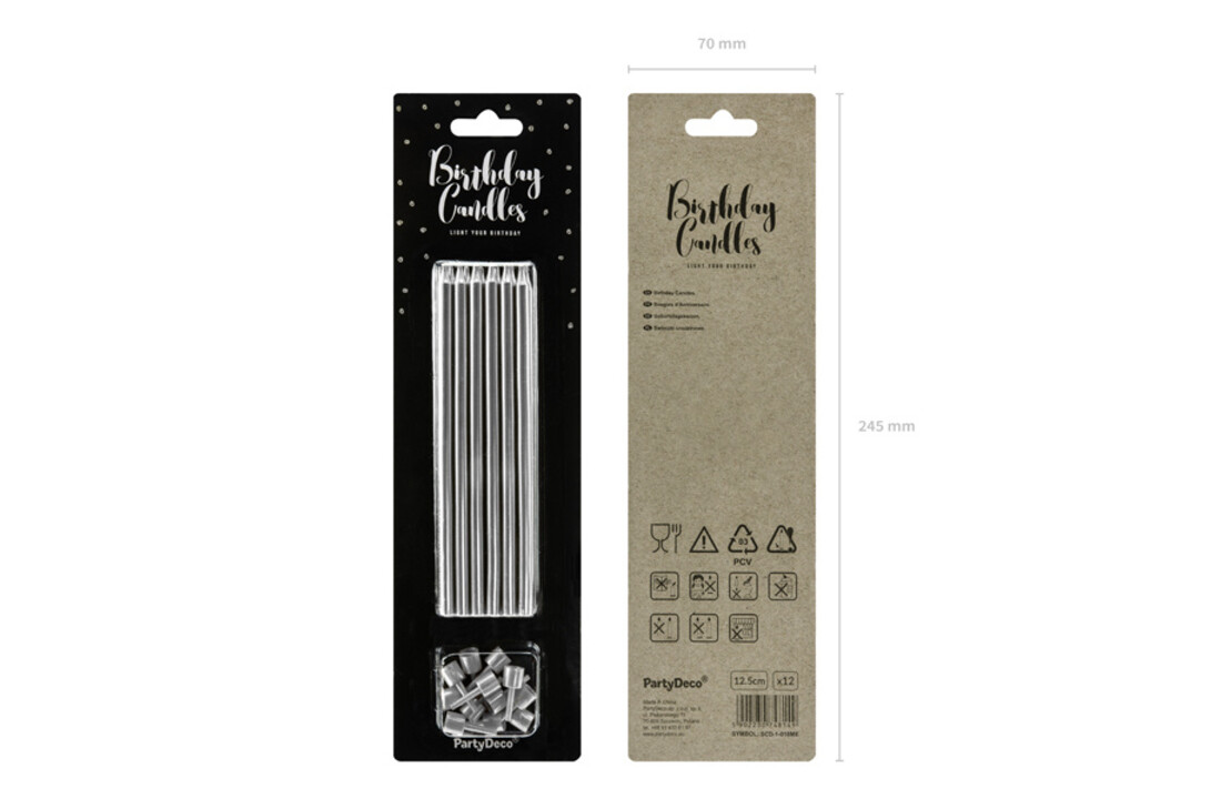 Taartkaarsjes zilver lang - 12,5 cm - 12 stuks