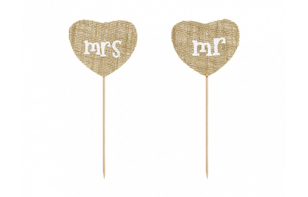 MR & MRS jute harten prikkers (groot)