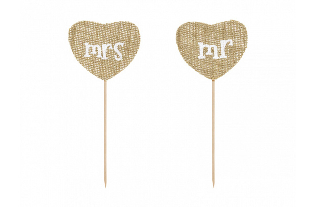 MR & MRS jute harten prikkers (groot)
