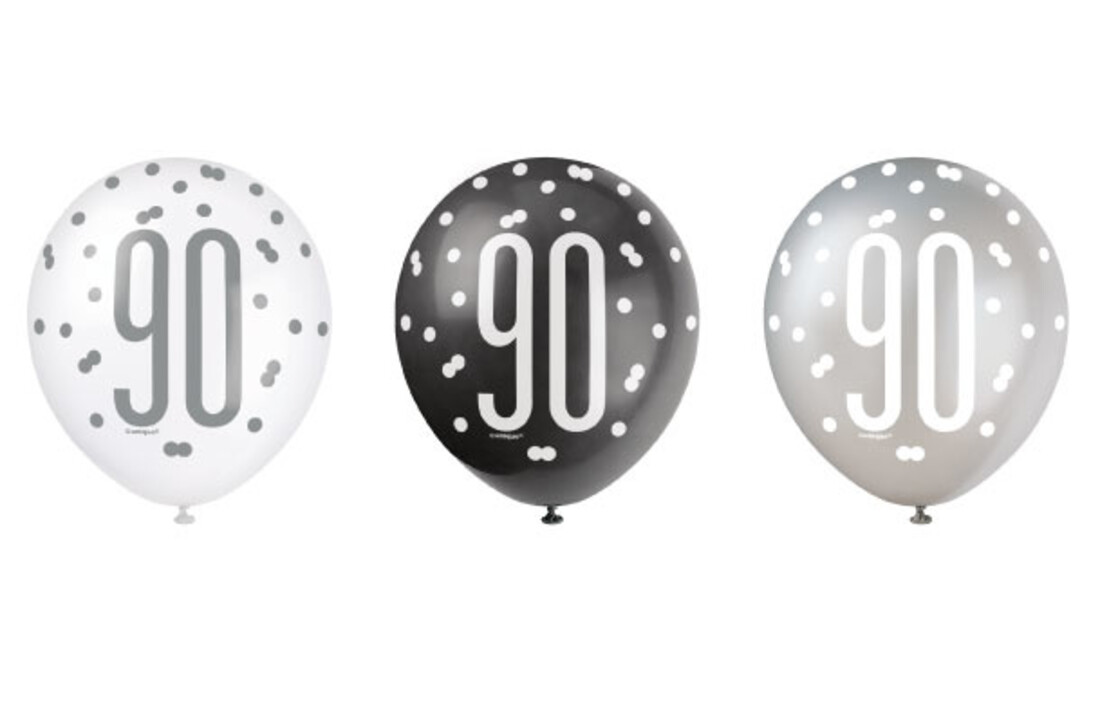 Ballonnen 90 jaar - zwart/zilver/wit - 6 stuks