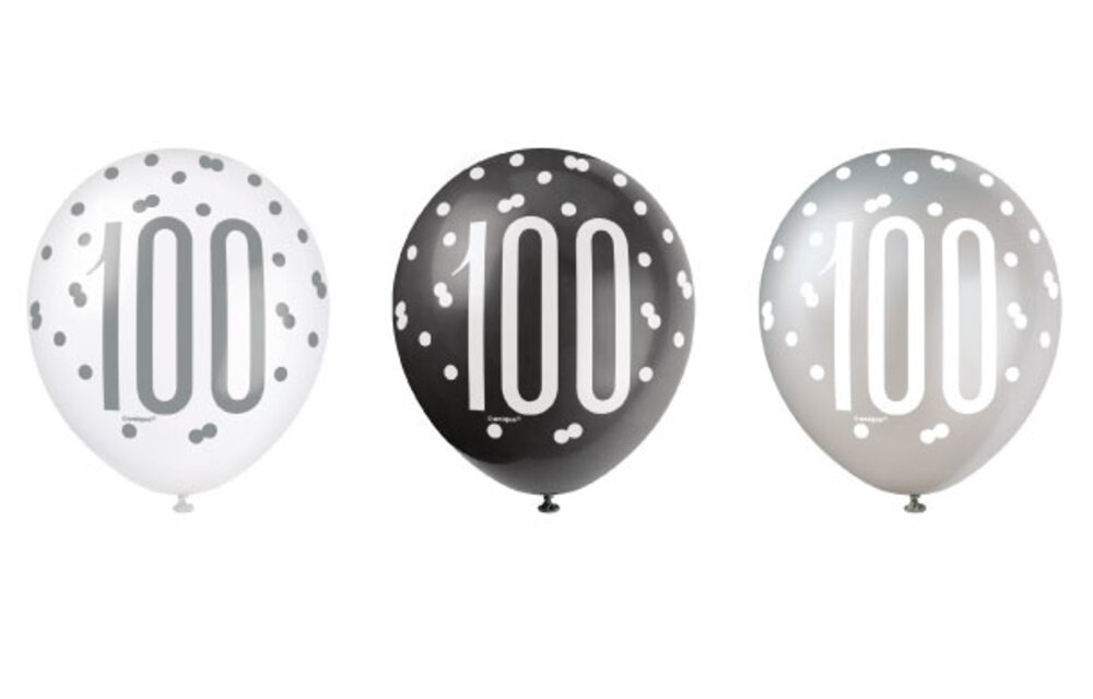 Ballonnen 100 jaar - zwart/zilver/wit - 6 stuks